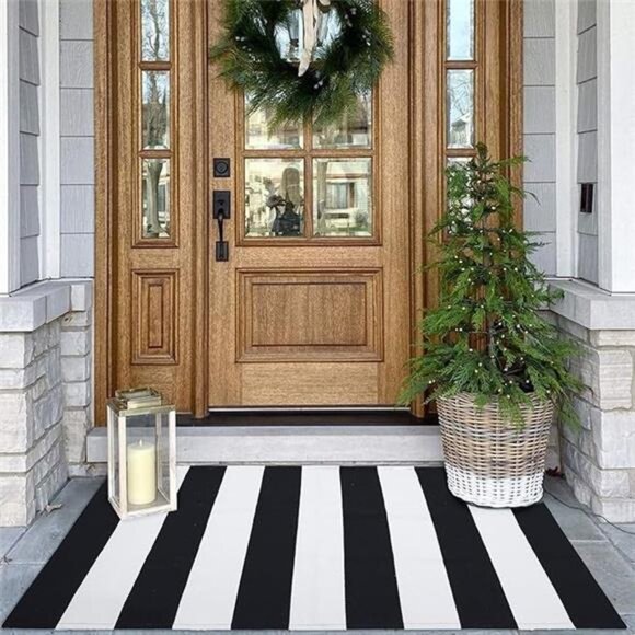 Black and White Area Rug 27.5x43 Inches Striped Front Door Rug Cotton Washable - Picture 7 of 7